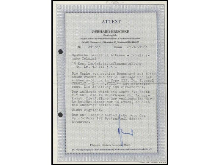 Ferner Osten 15 K. mit rechtem Bogenrand, Type III, mit Aufdruckfehler "Vi statt VI", mit Stempel "TELSIAI -4.VIII.41" auf Br