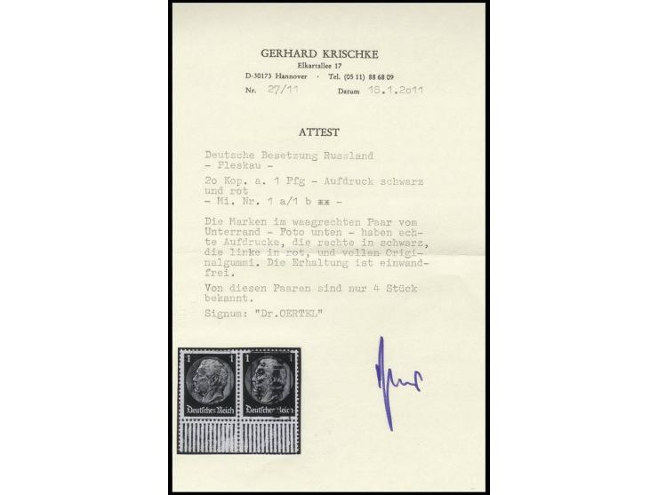 Pleskau: 1941, 20 Kop. auf 1 Pfg. im waagerechten Unterrandpaar mit rotem bzw. schwarzem Aufdruck, postfrisch bzw. Falzrest i