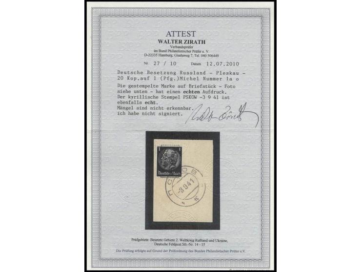 Aufdruck schwarz: 20 Kop. auf 1 Pfg.mit Stempel "PSKOW -3 9 41" auf Briefstück, Kabinett, Fotoattest Zirath BPP