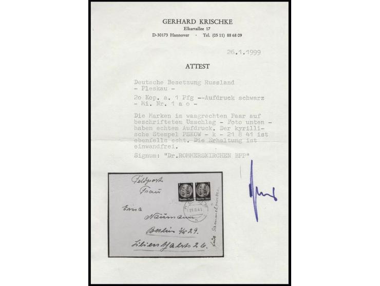 20 Kop. auf 1 Pfg. im waagerechten Paar auf Umschlag aus "PSKOW 21.8.41", Kabinett, sign. Rommerskirchen BPP und Fotoattest K