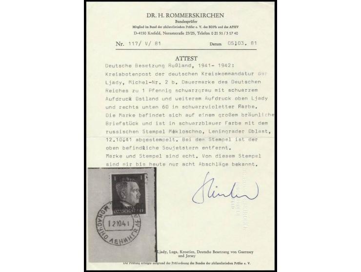 60 K. auf Hitler 1 Pfg. mit schwarzviolettem Aufdruck und Stempel "MOKLOSCHNO 12 10 41" auf Briefstück, Kabinett, Fotoattest 