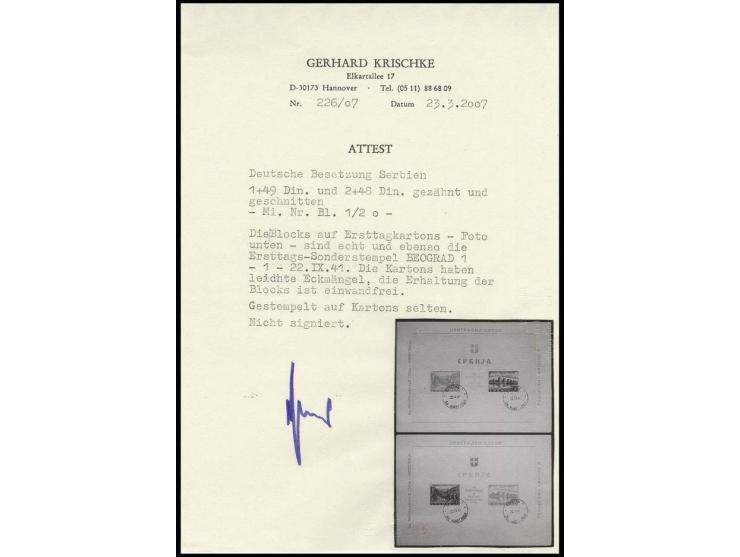 Semendria-Blockpaar auf 2 Kartons mit Ersttags-Sonderstempel "BEOGRAD 22.IX.41, Kartons mit leichten Eckbügen, Blocks in Kabi
