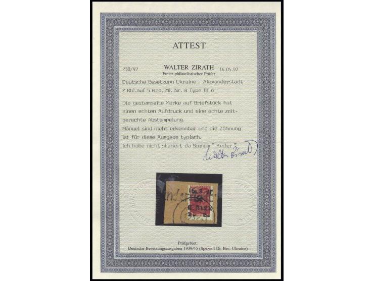2 Rbl. auf 5 K., mit stummen Stempel und L1 "(Alexa)nderstadt" auf Briefstück, Kabinett, sign. Keiler und Fotoattest Zirath