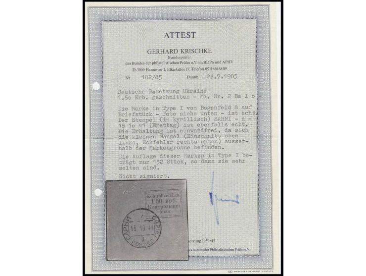 Sarny: 1941, 1,50 Krb., breitrandig ungezähnt, mit klarem Stempel "SARNi 18 10 41" auf Briefstück, Kabinett, eine seltene Mar