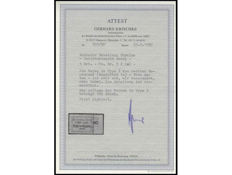 3 Krb. mit rechtem Bogenrand, Type I (Feld 10), ungebraucht ohne Gummi, wie verausgabt, Pracht, Fotoattest Krischke BPP ex Dr