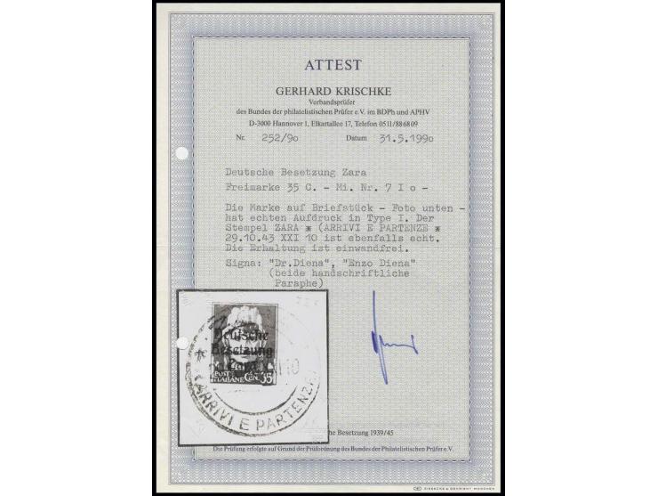 35  C. mit Stempel "ZARA 29.10.43" auf kleinem Briefstück, Kabinett, sign. Diena und Fotoattest Krischke BPP