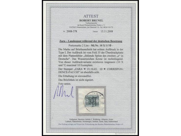 2 L. mit Aufdruckabart "fehlende Spitze des zweiten e in Deutsche", mit Stempel  "ZARA 21.10.43" auf Briefstück, Kabinett, ei