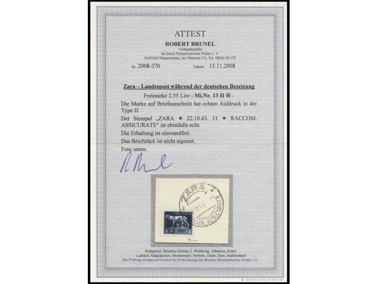 2.55 L. mit Stempel "ZARA 22.10.43" auf Briefstück, Kabinett, Fotoattest Brunel BPP