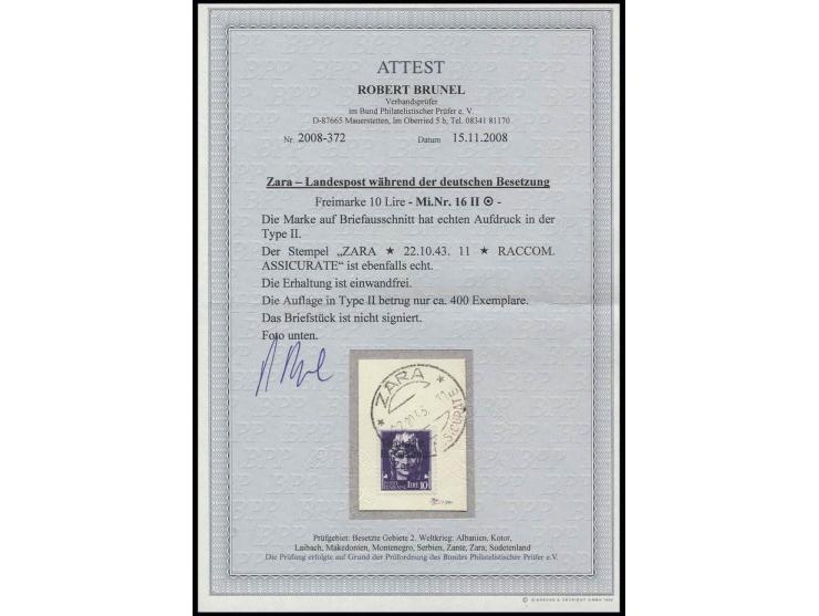 10 L. mit Stempel "ZARA 22.10.43" auf Briefstück, Kabinett, Fotoattest Brunel BPP