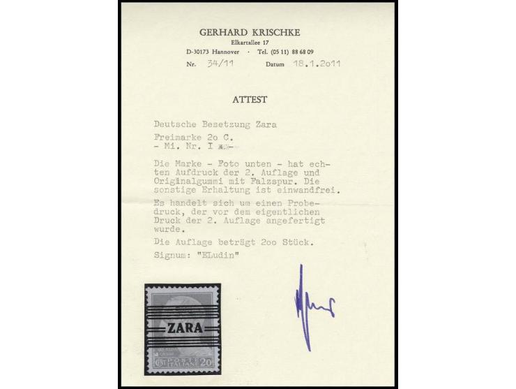 Probedruck 20 C. mit Linien-Aufdruck "ZARA", ungebraucht in tadelloser Erhaltung, u.a. sign. Ludin sowie Fotoattest Krischke 
