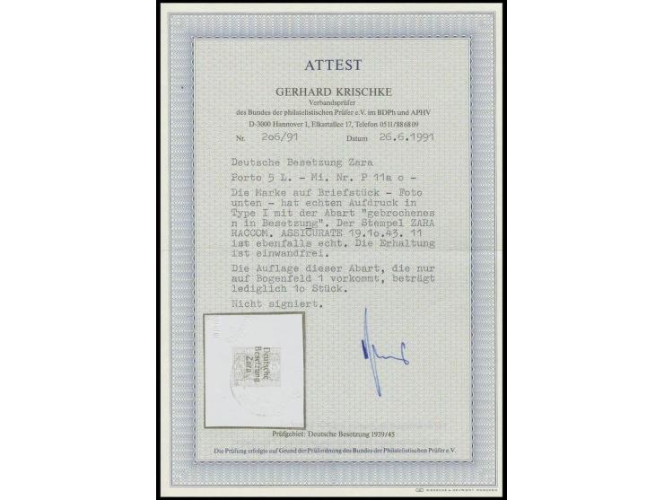 5 L. mit Aufdruckabart "gebrochenes n in Besetzung", mit Stempel auf Briefstück, eine seltene Marke mit einer Auflage von nur