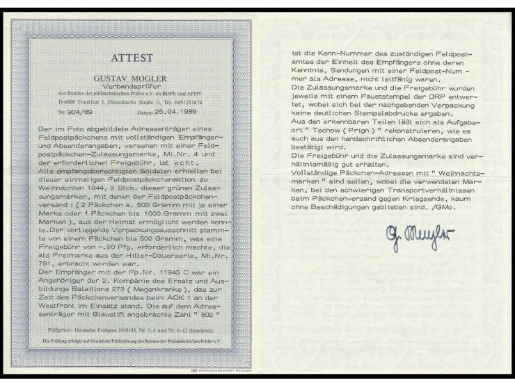 dito, mit Hitler 20 Pfg. auf komplettem Addressenträgerteil für ein Päckchen von "TECHOW..." an einen Empfänger mit Feldpost-