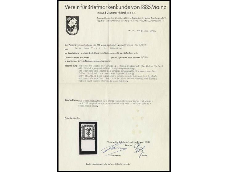 dito, postfrisch vom Unterrand, oben üblich rauhe Zähnung, u.a. signiert Volz mit Attest des Vereins für Briefmarkenkunde Mai