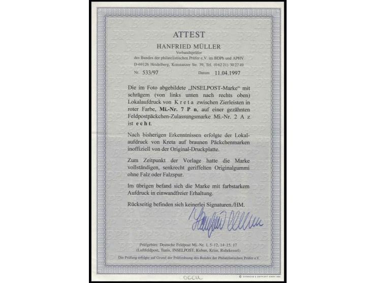 1944, Insel Kreta, Päckchen-Zulassungsmarke mit schräg verlaufendem, inoffiziellem orangerotem Aufdruck, postfrisch, Kabinett