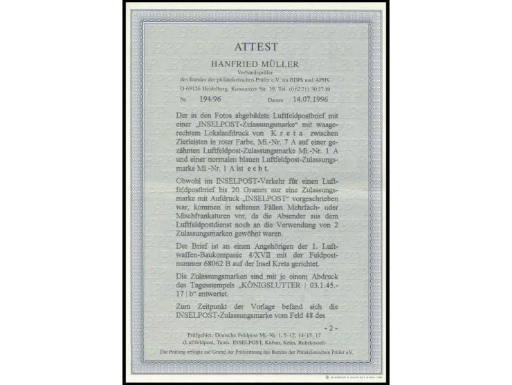 gezähnt: mit Luftpost-Zulassungsmarke gezähnt ohne Aufdruck auf Brief von "KÖNIGSLUTTER 3.1." an die Feldpostnummer "68052 B"