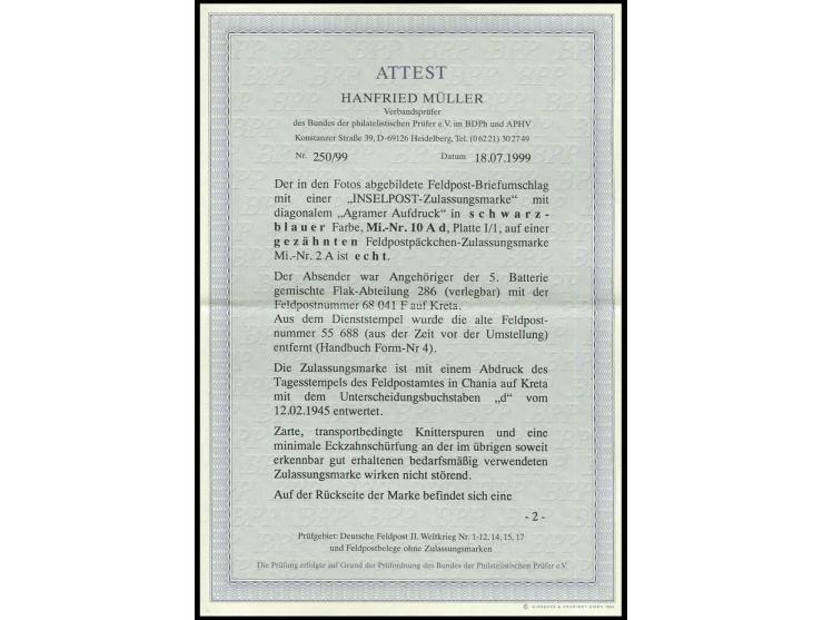 Aufdruck schwarzblau auf Brief mit Normstempel "d 12.2" (Chania) und Briefstempel sowie vorderseitig mit Absendervermerk mit 