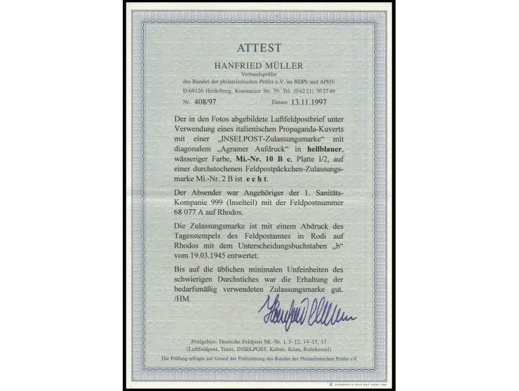 Aufdruck hellblau auf ital. Vordruckbrief mit Normstempel "b 19.3." (Rodi) und rückseitigem Absendervermerk mit Feldpostnumme