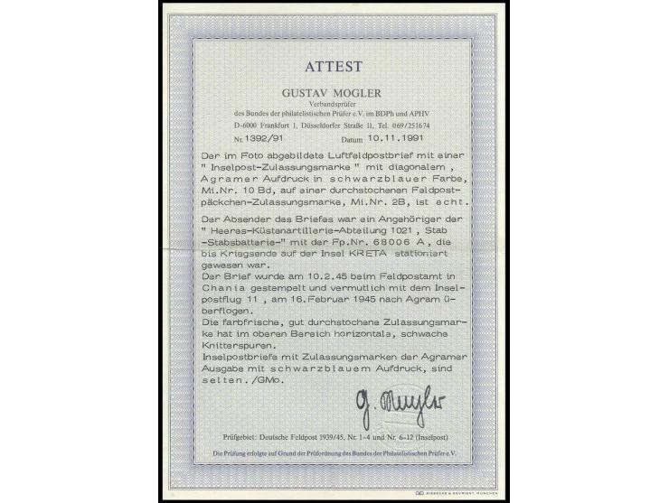 Aufdruck schwarzblau auf Brief mit Normstempel "d 10.2." (Chania) und vorderseitigem Absendervermerk mit Feldpostnummer "6800