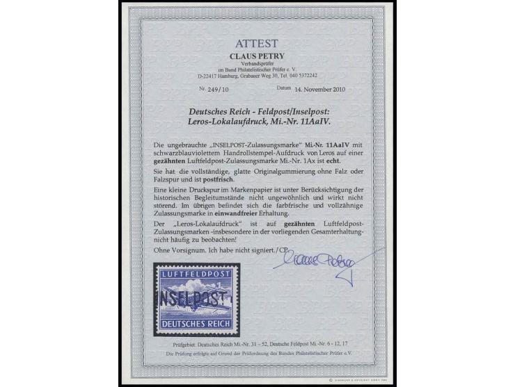 1945, Insel Leros gezähnt, Aufdruck in schwarzblauviolett (Type IV), kleine Druckspur im Markenpapier kaum sichtbar, sonst ei