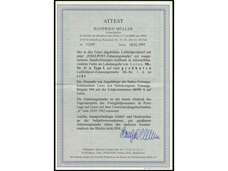 dito, Type I, auf Brief mit Normstempel "h 10.3." (Porto Lago) und vorderseitigem Absendervermerk mit Feldpostnummer "68090 A