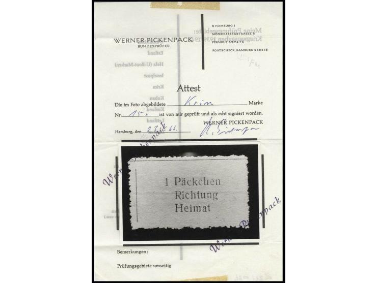 1943, Krim-Päckchenmarke in Type I, ungebraucht ohne Gummi, wie verausgabt, Pracht, sign. und Fotoattest Pickenpack (Mi. 1.60