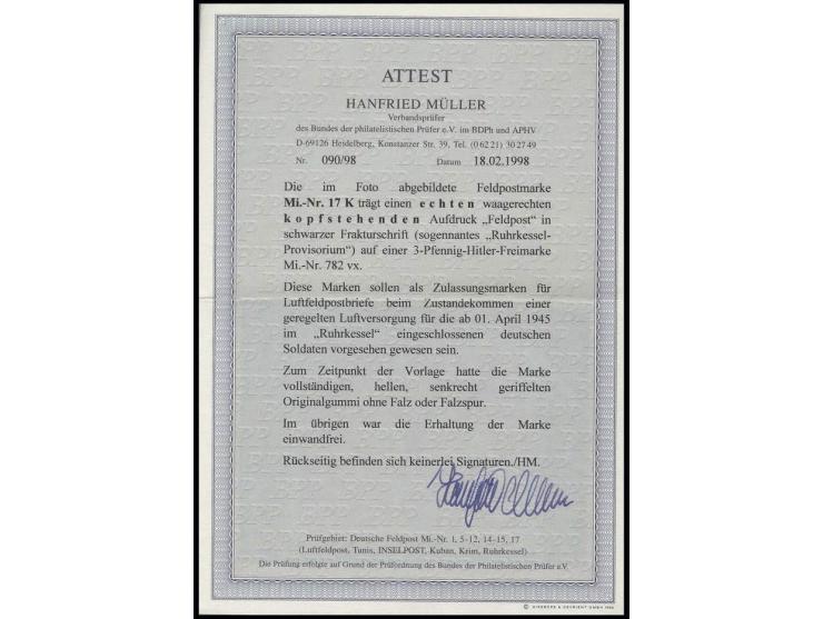 OSTPREUSSEN-FELDPOST: 1945, Ruhrkessel 3 Pfg. mit kopfstehendem Aufdruck, postfrisch, Kabinett, Fotoattest Müller BPP (Mi. 90