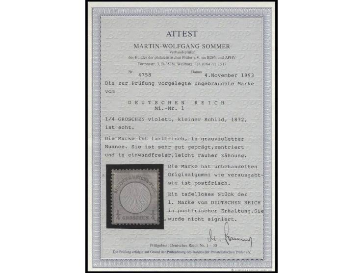 Kleiner Brustschild: ¼ Gr. grauviolett, farbfrisch, sehr gut geprägt und zentriert, postfrisch, unsigniert, Kabinett, Fotoatt