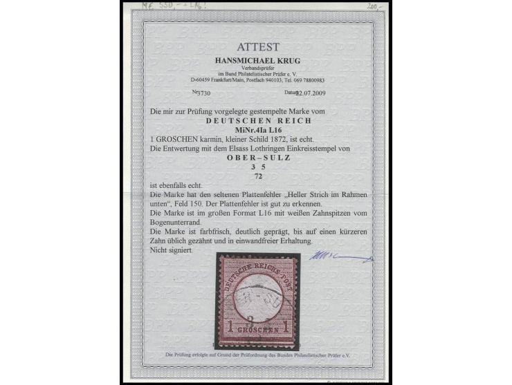 1 Gr. karmin mit seltenem Plattenfehler "heller Strich im Rahmen unten", Feld 150 im großten Format L16, sauber gestempelt, b