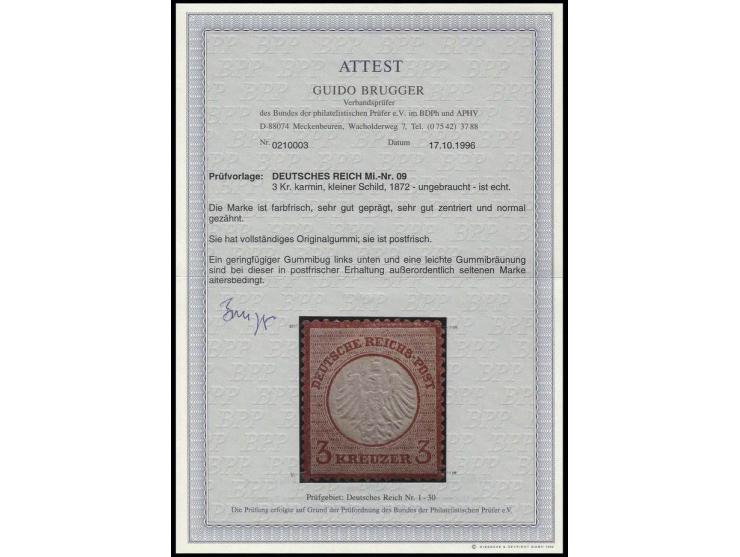 3 Kr. karmin, sehr gut geprägt, sehr gut zentriert sowie normal gezähnt, postfrisch, geringfügiger Gummibug und eine leichte 