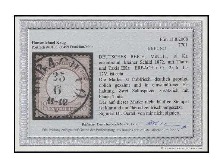 18 Kr. ockerbraun, farbfrisch in einwandfreier Erhaltung mit zentrisch sauber aufgesetztem Taxis-EKr. "ERBACH i. O. 25 6", Ka