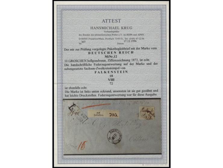 10 Gr. hellgraubraun mit handschriftlicher Entwertung auf Paketbegleitbrief mit nebengesetztem Sachsen-DKr. "FALKENSTEIN 18.V