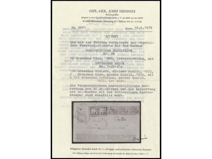 30 Gr. graublau im waagerechten 3er-Streifen mit handschriftlicher Entwertung in Mischfrankatur mit kleiner Schild 1/4 Gr. gr