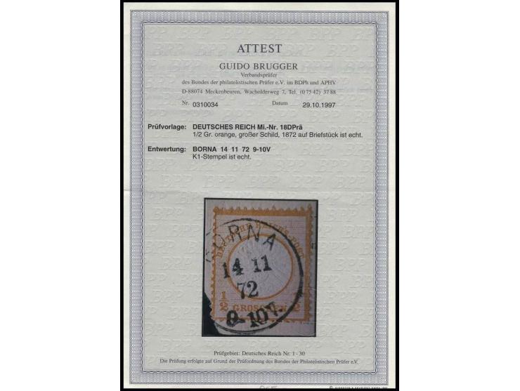 ½ Gr. orange mit um ca. 2mm nach rechts oben versetzter Doppelprägung, mit Stempel "BORNA 14 11 72" auf Briefstück, Kabinett,