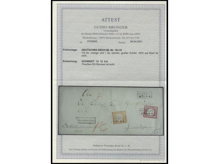 ½ Gr. orange und 1 Gr. karmin mit Preußen-Ra2 "SCHWEDT / 15 12" auf eingeschriebenem Ortsfaltbrief, Kabinett, Fotoattest Krug