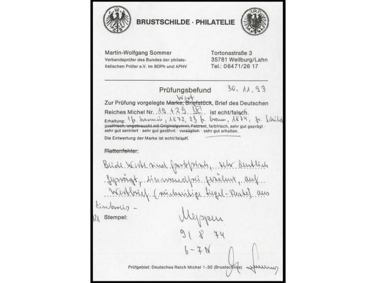1 Gr. karmin mit großem Teil des linken Bogenrandes und 2½ auf 2½ Gr. rotbraun mit EKr. "MEPPEN 9/8 74" auf Wertbriefumschlag