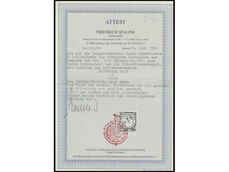 2½ Gr. lilabraun, farbfrisch und gut gezähnt mit zentrischem Hufeisenstempel "ELBERFELD 15 MAI 73" (Spalink-Nr. 12/5), Pracht