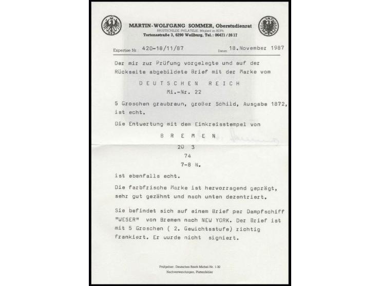 5 Gr. ockerbraun als Einzelfrankatur mit EKr. "BREMEN 20 3 74" auf Transatlantik-Brief der 2. Gewichtsstufe nach New York, Pr