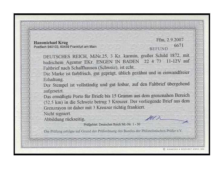 3 Kr. karmin mit badischem Agentur-EKr. "ENGEN IN BADEN 22 4 73" als Einzelfrankatur auf Grenzrayon-Faltbrief nach Schaffhaus