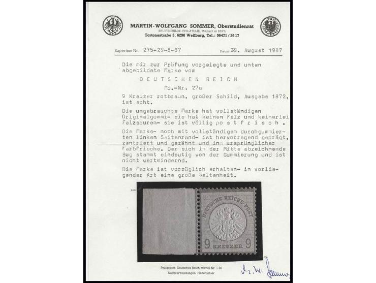 9 Kr. rotbraun, farbfrisches, postfrisches Kabinett-Stück mit guter Prägung und einwandfreier Zähnung, unsigniert mit Fotoatt