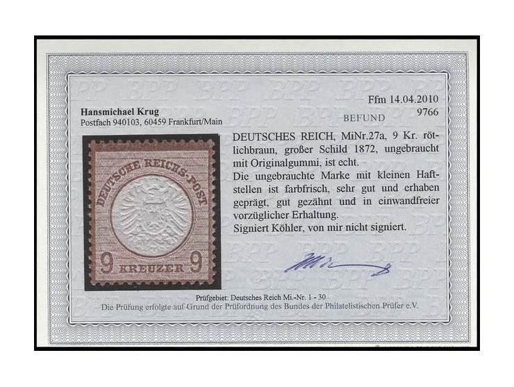 9 Kr. rötlichbraun, sehr gut geprägt und farbfrisch, ungebraucht mit vollem Originalgummi und kleinen Anhaftungen, Kabinett, 