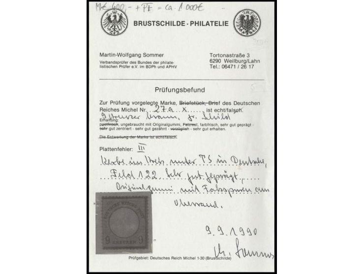 9 Kr. rötlichbraun mit Plattenfehler "Kerbe im Kreis unter TS in DEUTSCHE", ungebraucht, Pracht, Fotobefund Sommer BPP (Mi. 9