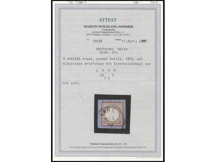 9 Kr. braun mit klarem EKr. "LAHR 23 1 73" auf Briefstück, seltene Farbe, Kabinett, sign. Engel und Fotoattest Sommer BPP (Mi