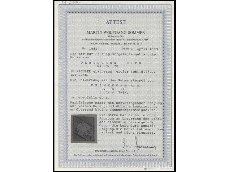 18 Kr. ockerbraun mit klarem Ra3 "FRANKFURT A.M./P.A.II/.....74", sehr gut geprägt, bis auf einen leicht kürzeren Zahn in gut