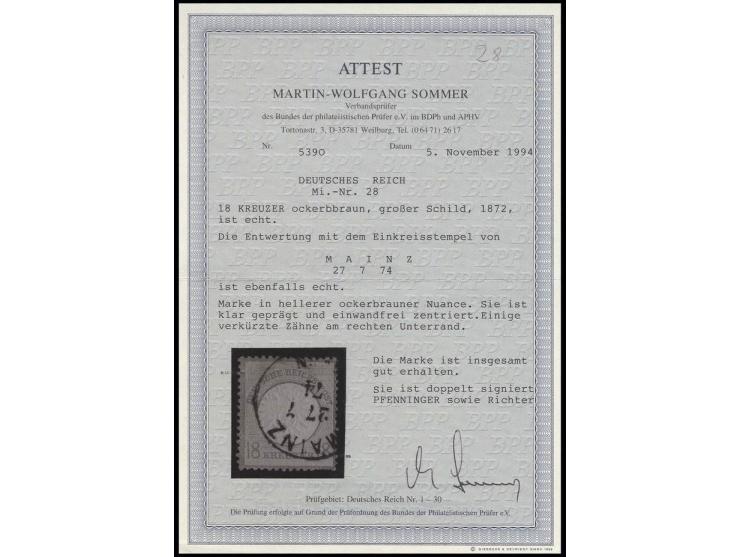 18 Kr. ockerbraun, sauber gestempelt "MAINZ 27 7 74", bis auf 2 kurze Zähne in guter Erhaltung, u.a. sign. Pfenninger und Fot