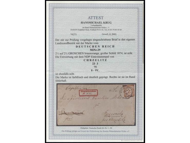 1874, 2½ auf 2½ Gr. braunorange als Einzelfrankatur mit EKr. "CHRZELITZ 23 3 75" auf eingeschriebenem Faltbrief in den eigene