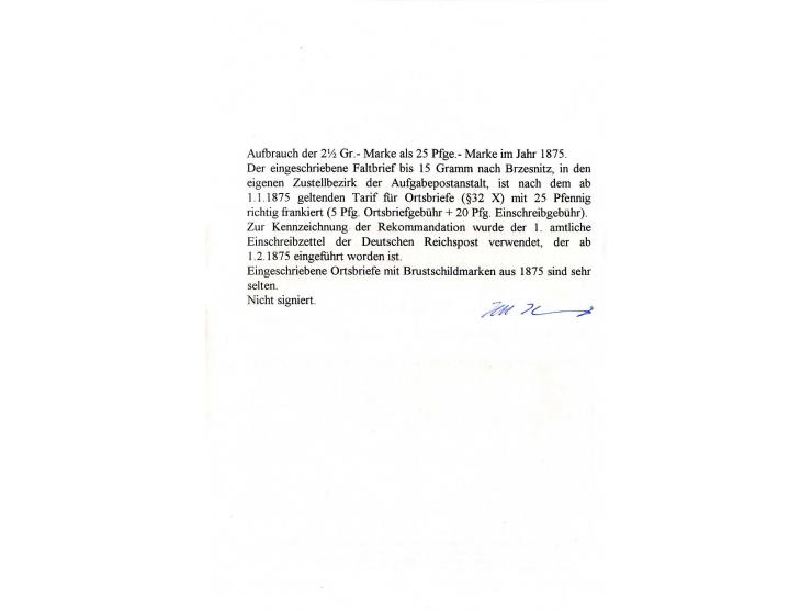 1874, 2½ auf 2½ Gr. braunorange als Einzelfrankatur mit EKr. "CHRZELITZ 23 3 75" auf eingeschriebenem Faltbrief in den eigene