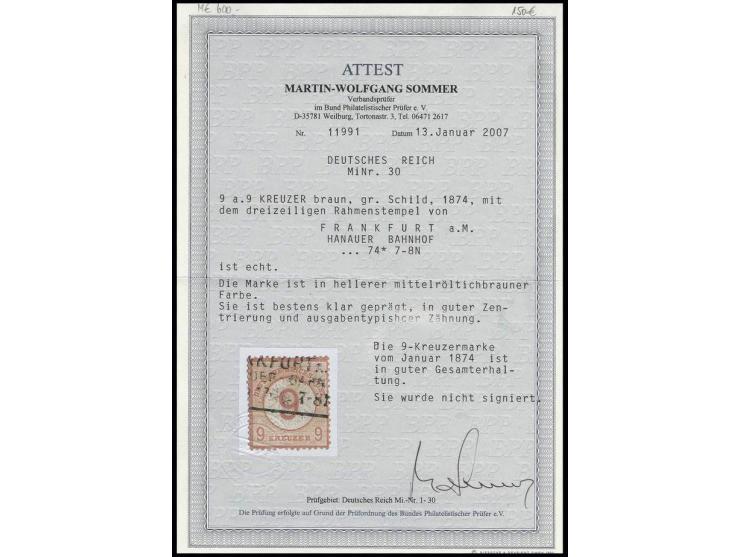 9 auf 9 Kr. braunorange, sauber gestempelt, ein Zahn etwas kürzer, laut Fotoattest Sommer gute Gesamterhaltung (Mi. 600,-)