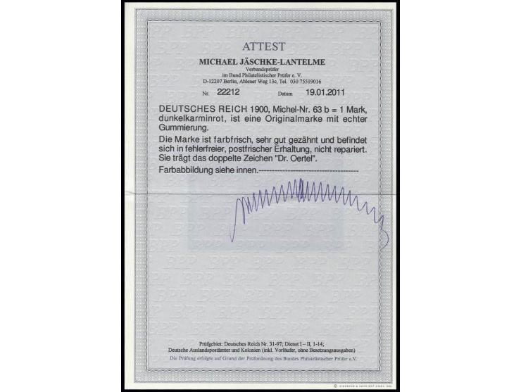1 M. dunkelkarminrot, postfrisch, Kabinett, sign. Dr. Oertel und Fotoattest Jäschke-L. BPP, ex Dr. Rueger