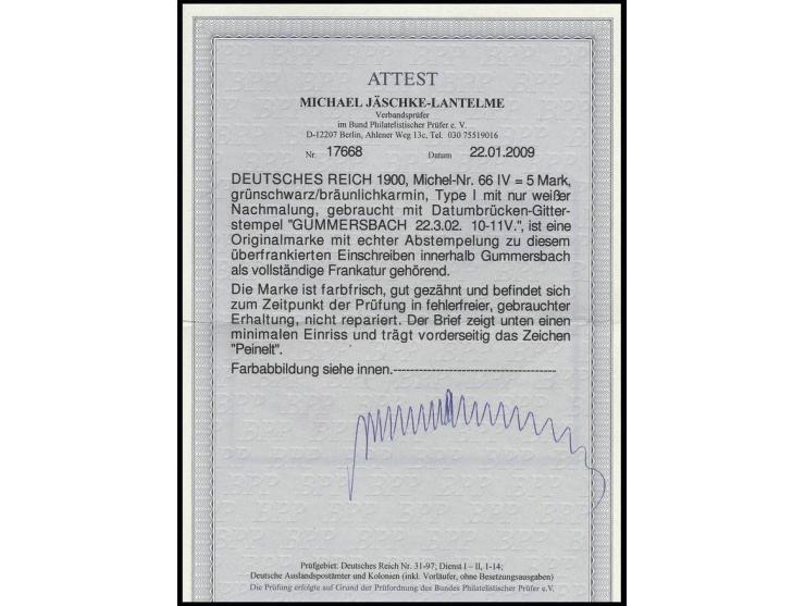 5 M., sauber gestempelt "GUMMERSBACH 22.3.02" auf Orts-R-Brief, Umschlag unten kleiner Einriß, sonst sehr gute Erhaltung, Fot