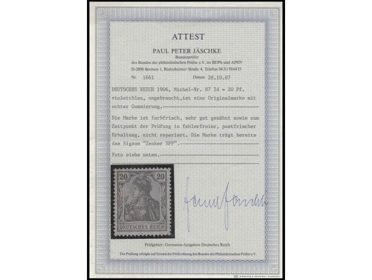 1905/13, Friedensdruck: 20 Pfg. helllilaultramarin, postfrisch, Kabinett, sign. Zenker BPP sowie Fotoattest Jäschke BPP